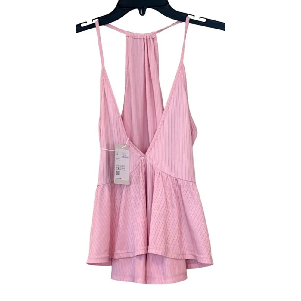 Halara Pink V Neck Ribbed Ruffle Peplum Top Girly Size XS NWT